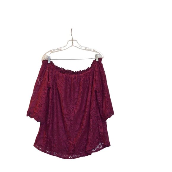 OURS Wine Red Lace Floral Open Shoulders Bohemian Style Silky Lining Blouse L - Picture 1 of 10